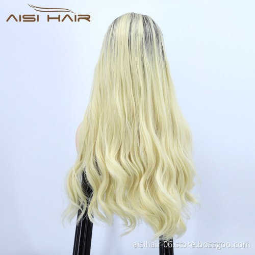 Aisi Hair Cheap Vendor Popular Long Wavy Curly Body Wave Ombre Blonde Lace Frontal Synthetic Hair For Black Women Lace Front Wig
